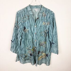 Citron Silk Button Down 0X Blouse Oriental Blue